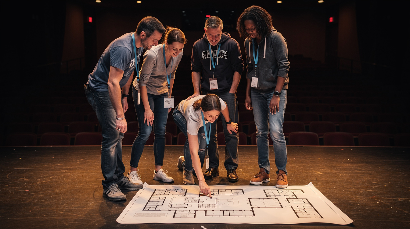 Production crew gathered around a stage floor plan discussing zone placement