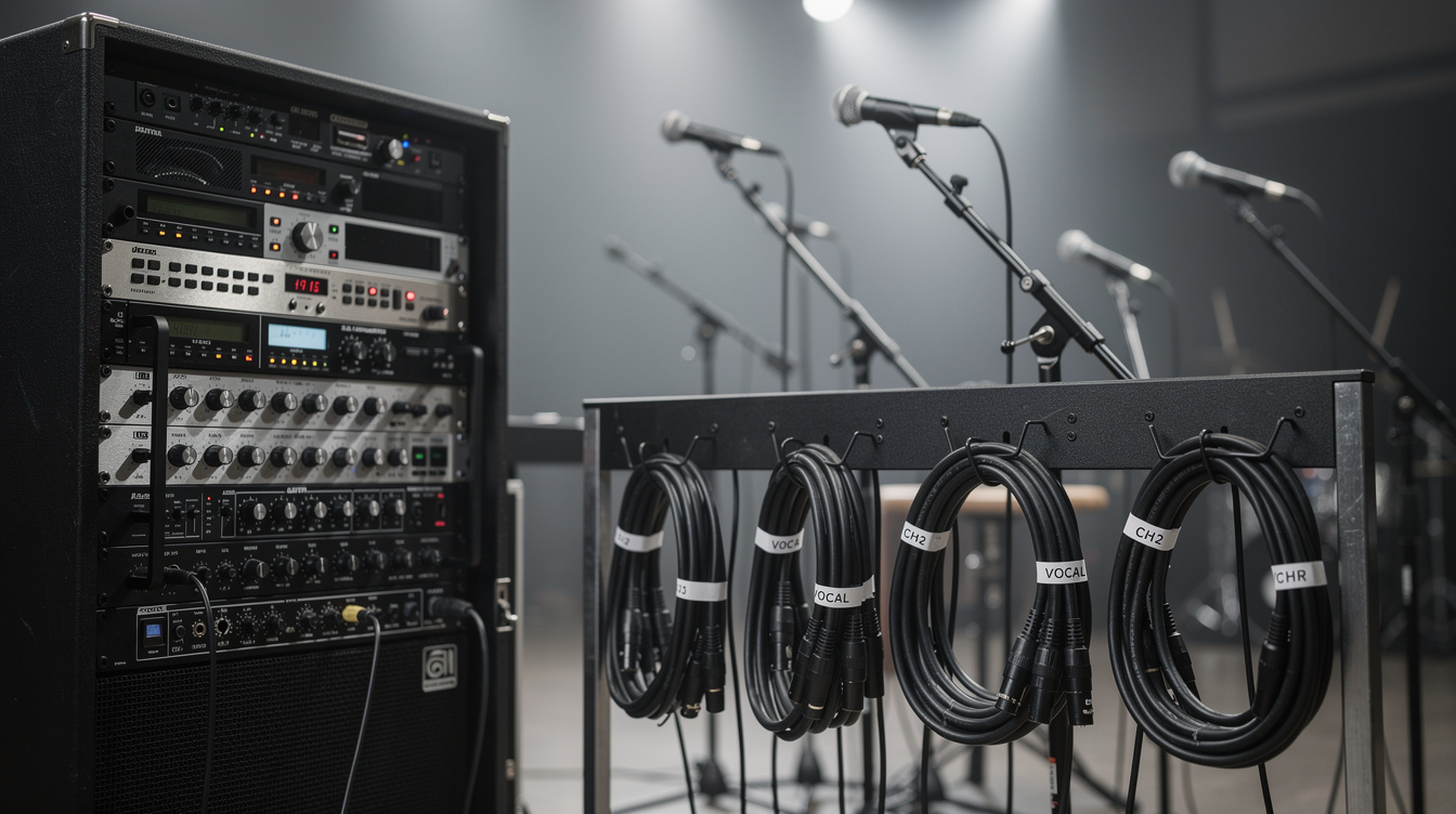 Neatly organised sound equipment and cables set up backstage