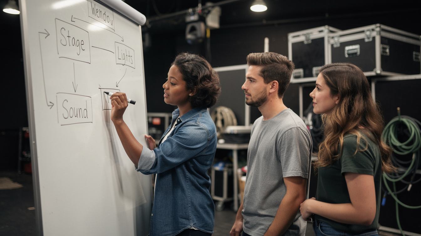 Production team reviewing a stage workflow schedule on a whiteboard