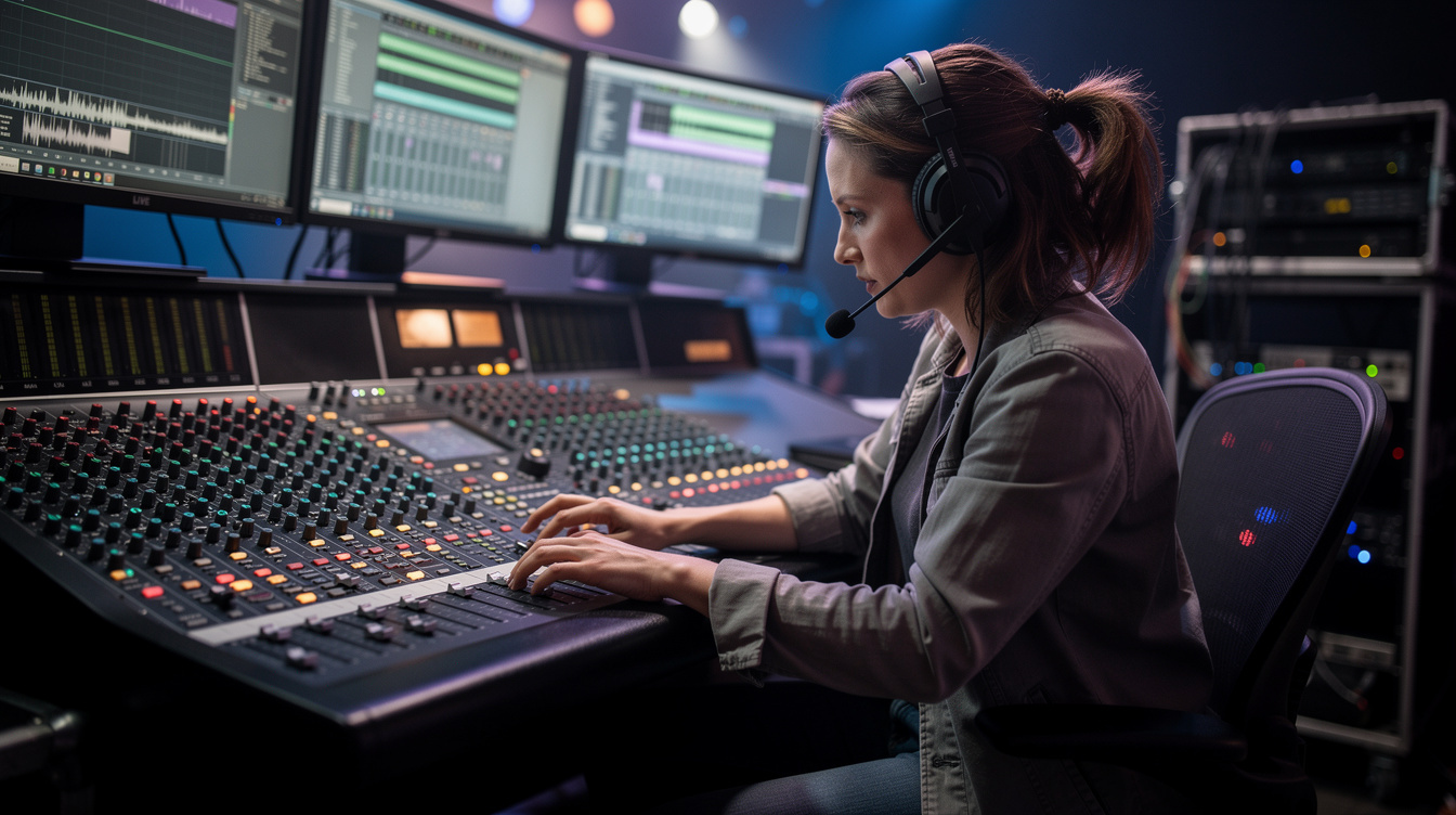 Sound engineer working at a backstage mixing desk with faders and monitors