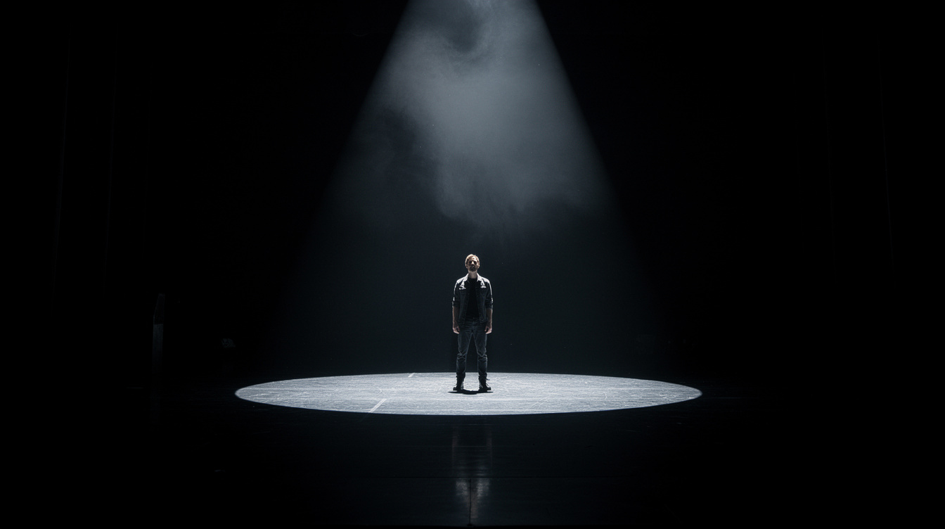 Performer standing inside a defined spotlight zone on a dark stage