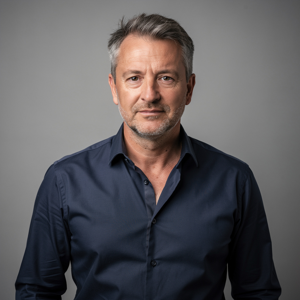 Studio portrait of a British male production director in smart casual clothing