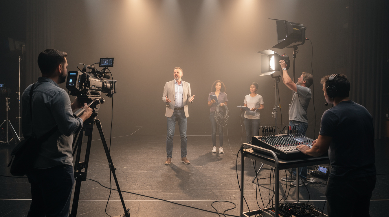 Full production crew rehearsing on a lit stage before recording