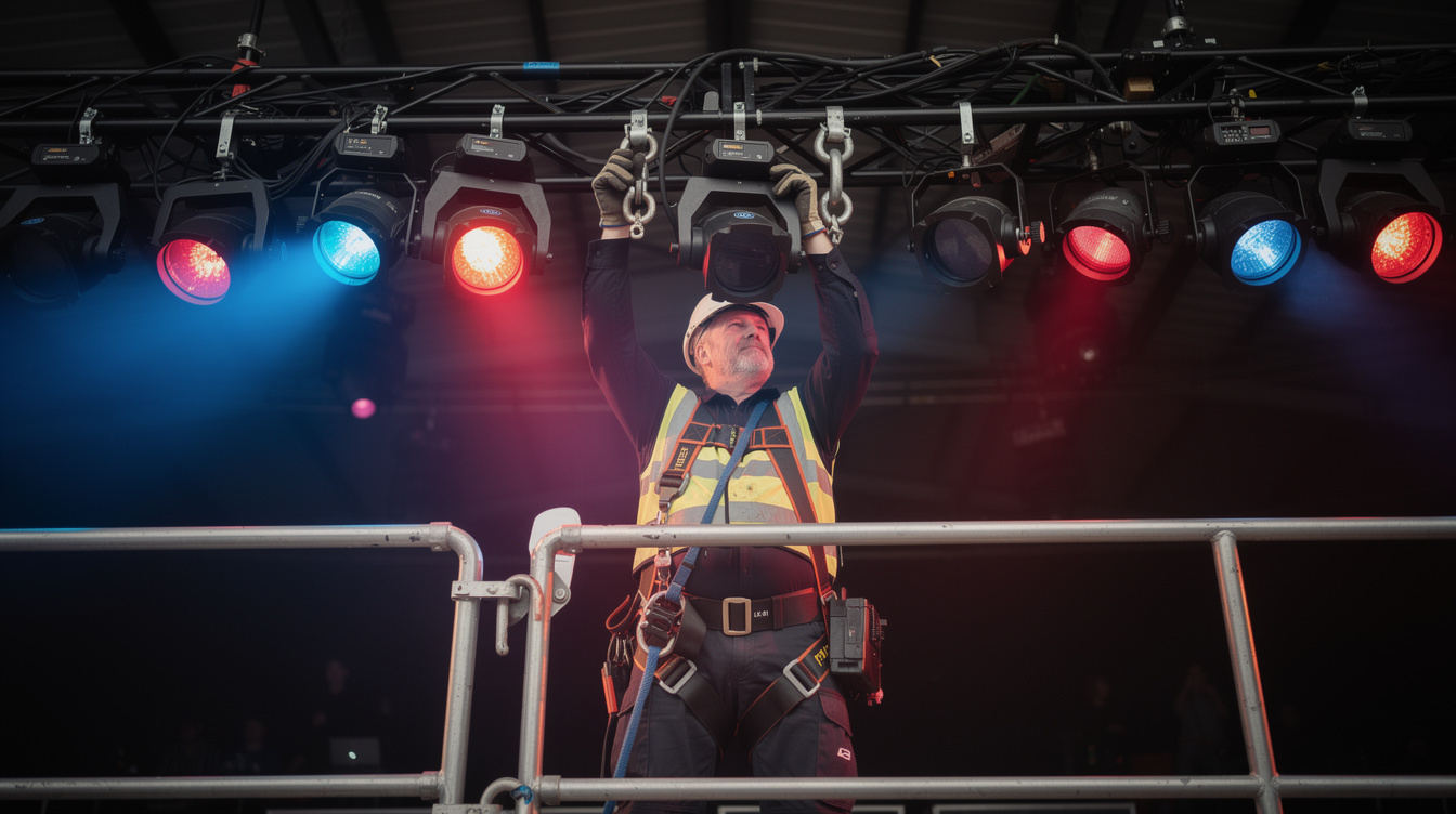 Technician adjusting stage lighting fixtures on an overhead truss