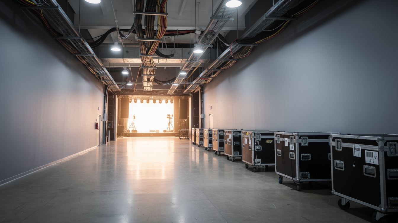 Production studio corridor leading toward a lit stage entrance