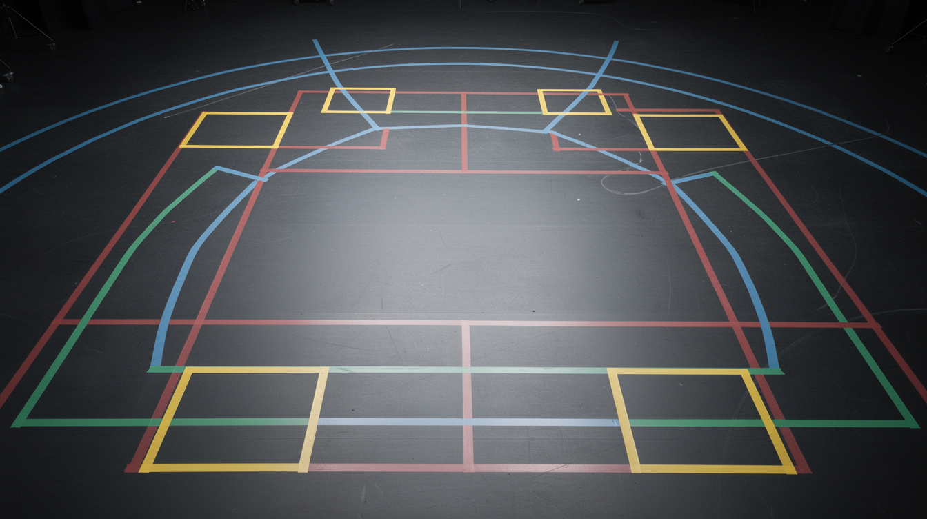 Wide shot of an empty stage floor with coloured tape marking multiple zones