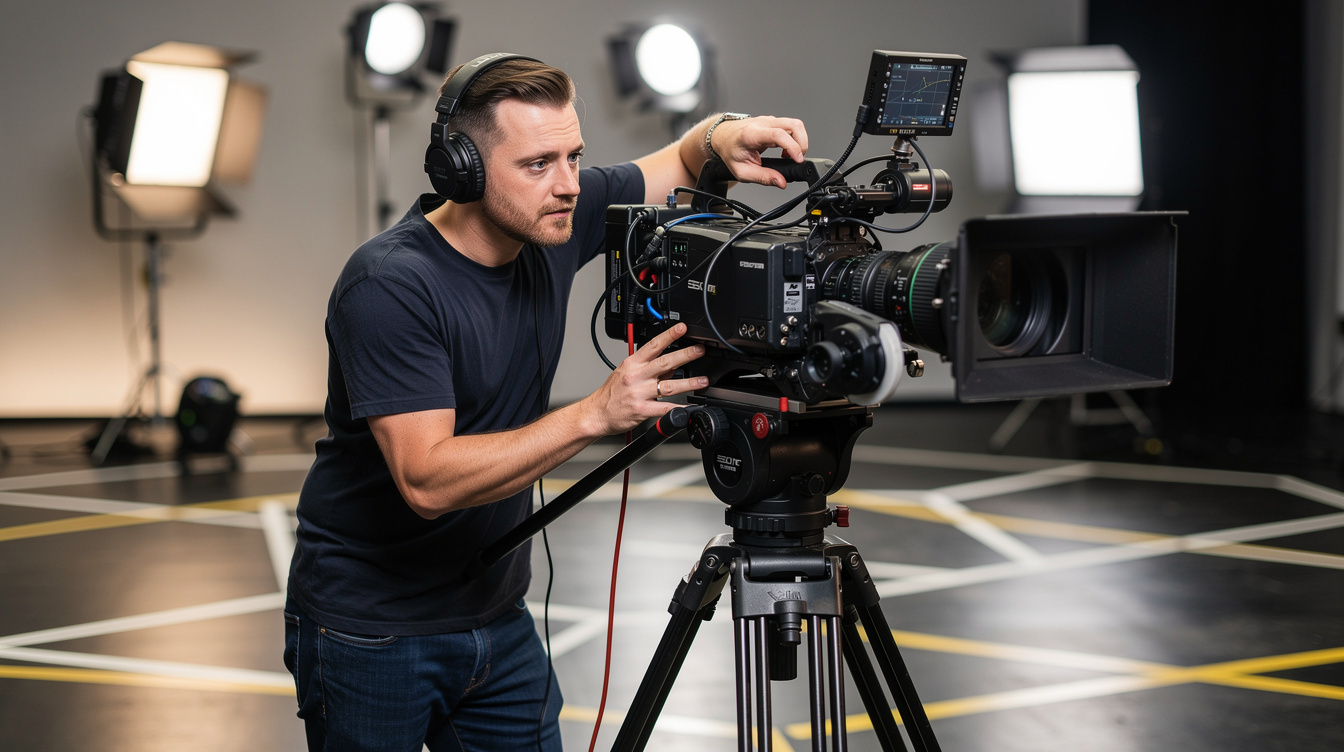 Camera operator adjusting a professional video camera on a tripod inside a marked stage zone