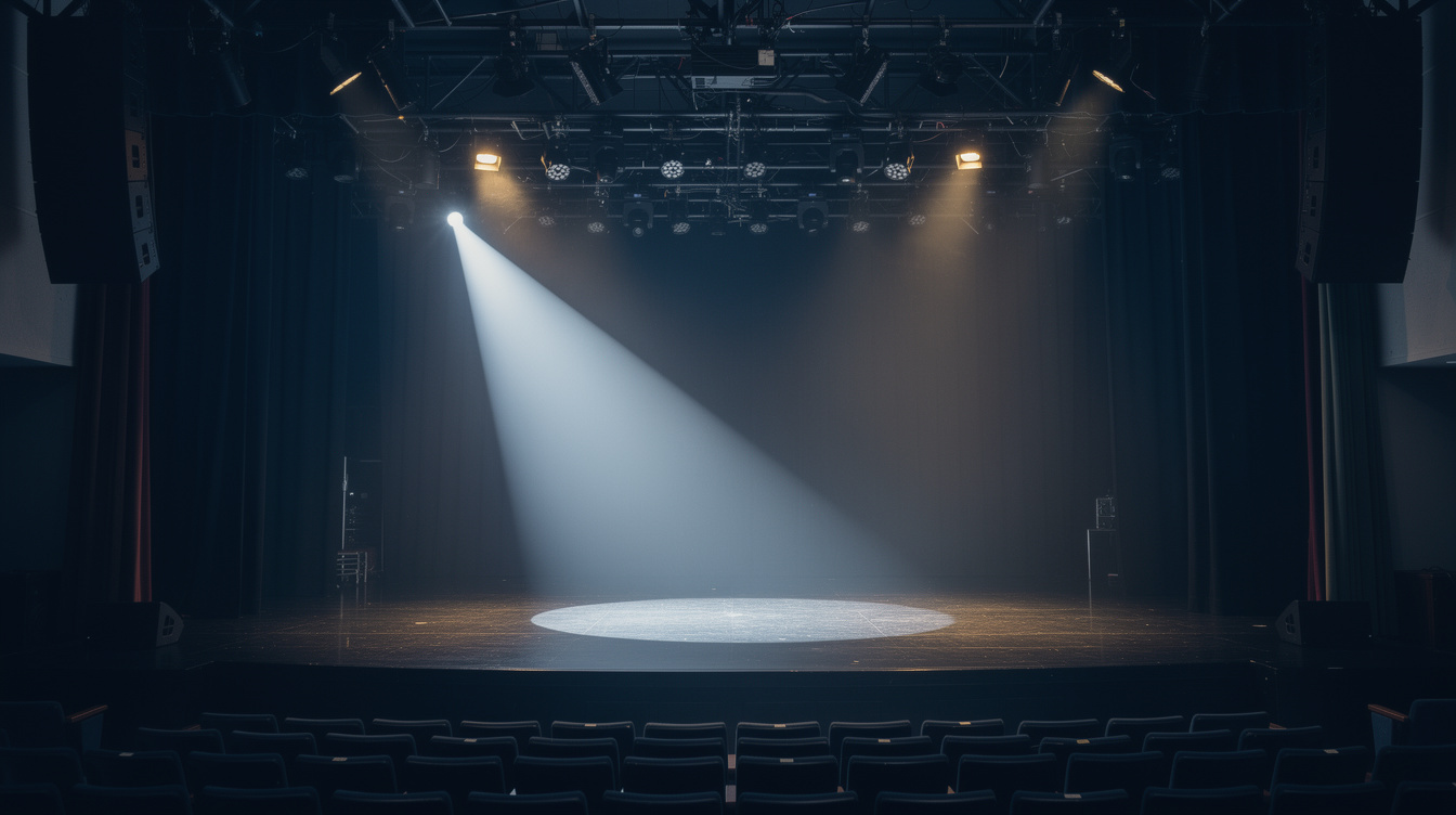 Theatre stage lit by a single bright spotlight against a dark rig