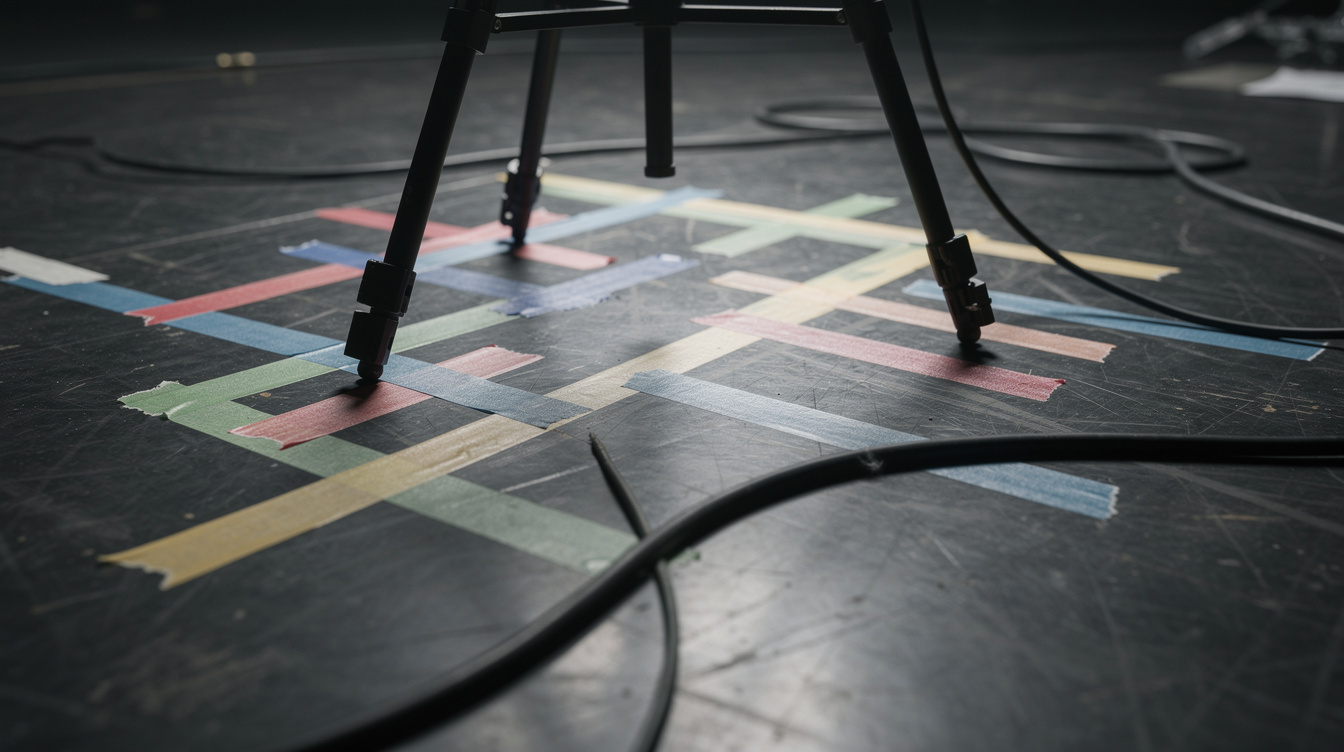 Stage floor marked with tape lines defining separate camera block positions